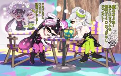  +_+ 1boy 2girls agent_3 aori_(splatoon) black_hair chichi_band comic detached_collar dress earrings food food_on_head gloves green_legwear grey_hair hotaru_(splatoon) inkling jewelry long_hair mask mole mole_under_eye multiple_girls object_on_head pantyhose partially_translated pointy_ears purple_legwear shoes short_dress short_hair short_jumpsuit sleeping splatoon strapless strapless_dress tentacle_hair translation_request white_gloves yellow_eyes 