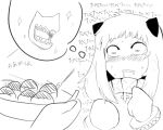  1girl blush bowl bracelet comic enemy_aircraft_(kantai_collection) gloves heavy_breathing horns hungry jewelry kantai_collection long_hair monochrome northern_ocean_hime partially_translated saliva sample_fork shinkaisei-kan sketch sparkle sukueni takoyaki thought_bubble translation_request white_hair 