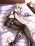  &gt;_&lt; 1girl bed blonde_hair blue_eyes blush closed_eyes gusset highres lexington_(zhan_jian_shao_nyu) long_hair lying on_side panties panties_under_pantyhose pantyhose solo thighband_pantyhose underwear white_panties zhan_jian_shao_nyu 