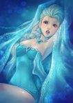  1girl :o bare_shoulders blonde_hair blue_eyes blush braid breasts cape cleavage dark_pursuer dress earrings elsa_(frozen) frozen_(disney) highres jewelry lipstick long_hair makeup necklace single_braid snowflakes solo strapless_dress 