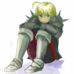  1boy ahoge armor blonde_hair boots brown_eyes expressionless final_fantasy final_fantasy_tactics full_body gauntlets hair_between_eyes knee_boots knees_on_chest looking_at_viewer pants red_pants short_hair shoulder_pads shoulder_spikes simple_background spikes white_background 