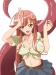  1girl :d breasts cleavage cowboy_shot fang hair_ornament hairclip lamia long_hair miia_(monster_musume) monster_girl monster_musume_no_iru_nichijou navel open_mouth pointy_ears redhead scales shirt simple_background skirt slit_pupils smile solo tied_shirt trf_honeycomb v very_long_hair white_background yellow_eyes 