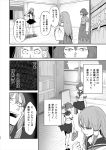  5girls comic detached_sleeves doujinshi dual_persona frog_hair_ornament hair_ornament hair_tubes iroiro_yaru_hito kochiya_sanae monochrome multiple_girls page_number school_uniform serafuku snake_hair_ornament sweat touhou translation_request yasaka_kanako 