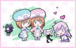  +_+ 4girls artist_name black_sister blue_eyes brown_hair chibi d-pad drill_hair elbow_gloves gloves hair_ornament heart holding_hands long_hair multiple_girls nepgear neptune_(series) open_mouth purple_hair ram_(choujigen_game_neptune) robot rom_(choujigen_game_neptune) short_hair siblings sisters striped striped_legwear twin_drills twins uni_(choujigen_game_neptune) white_hair yurax-mae 