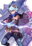  2boys alternate_hair_color armor artist_name belt belt_pouch black_hair blue_eyes blue_hair capelet denim electricity ezreal gloves goggles goggles_on_head jeans league_of_legends long_hair multiple_boys pants racoona shield taric torn_clothes 