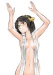  1girl arms_up black_eyes black_hair blush breasts green-framed_glasses headgear highres kantai_collection kirishima_(kantai_collection) navel otakeyan short_hair upper_body 