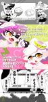  2girls aori_(splatoon) black_hair blush chichi_band comic detached_collar earrings fangs food food_on_head gloves highres holding hotaru_(splatoon) jewelry long_hair mask microphone mole mole_under_eye multiple_girls object_on_head one_eye_closed open_mouth partially_colored pointy_ears short_hair smile splatoon standing strapless tentacle_hair yuri 
