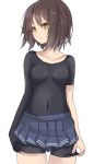  1girl asymmetrical_clothes black_shirt blue_skirt blush breasts breasts_apart brown_hair collarbone covered_navel cowboy_shot furutaka_(kantai_collection) hair_between_eyes kantai_collection looking_to_the_side parted_lips pleated_skirt shirt short_hair short_sleeves simple_background skin_tight skirt solo standing taut_clothes thigh_gap tokoi unitard white_background yellow_eyes 