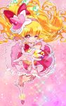  1girl absurdres asahina_mirai blonde_hair boots bow cure_miracle full_body gloves hair_bow hairband highres knee_boots long_hair looking_at_viewer magical_girl mahou_girls_precure! mini_witch_hat one_eye_closed outstretched_hand pink_background pink_hat pink_skirt precure red_bow skirt smile solo sparkle violet_eyes white_boots white_gloves yupiteru 