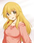  1girl blonde_hair blush carpaccio casual colored_pencil_(medium) girls_und_panzer green_eyes highres long_hair long_sleeves looking_at_viewer open_mouth ribbed_sweater sakaki_imasato sketch skirt smile solo sweater traditional_media upper_body 