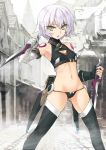  1girl armpits assassin_of_black bandages black_legwear black_panties breasts cleavage cleavage_cutout dual_wielding fate/grand_order fate_(series) holding_knife looking_at_viewer navel open_mouth outdoors panties scar short_hair silver_hair small_breasts solo thigh-highs underwear waifu2x yellow_eyes 