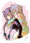  2girls artist_name blue_eyes blue_hair braid breasts from_side hair_ornament highres long_hair multiple_girls neptune_(choujigen_game_neptune) neptune_(series) piggyback purple_hair purple_heart pururut sleeping symbol-shaped_pupils twin_braids yurax-mae 