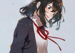  1girl black_eyes black_jacket blush brown_hair collared_shirt fly_333 grey_background hair_between_eyes jacket looking_down open_mouth red_ribbon ribbon shirt short_hair sidelocks simple_background solo upper_body wavy_mouth white_shirt 