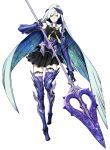  1girl absurdly_long_hair absurdres armored_boots black_dress blue_hair dress fate/prototype fate/prototype:_fragments_of_blue_and_silver fate_(series) gauntlets highres holding_weapon lancer_(fate/prototype_fragments) long_hair looking_at_viewer pleated_skirt polearm purple_legwear sitting skirt solo spear thigh-highs transparent_background very_long_hair violet_eyes weapon 