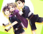  3boys atsushi_toushirou black_hair brown_hair child garters grey_eyes hair_pull heshikiri_hasebe kneehighs l-wing male_focus military military_uniform multiple_boys necktie open_mouth piggyback pointing shorts smile sock_garters time_paradox touken_ranbu uniform violet_eyes yagen_toushirou younger 