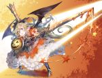  1girl :o armor armored_boots bat_wings black_wings blonde_hair blue_eyes bow bowtie breastplate charlotta_(granblue_fantasy) crown dress frilled_dress frills full_body gauntlets gradient granblue_fantasy grey_bow hair_between_eyes hair_ornament holding_sword holding_weapon huge_weapon jack-o&#039;-lantern legs_apart long_hair motion_lines open_mouth orange_dress pointy_ears print_dress puffy_short_sleeves puffy_sleeves red_dress shield short_sleeves solo sparkle standing star sword very_long_hair weapon wings yuugen 