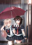  2girls :d black_hair blue_eyes bow braid fingerless_gloves gloves grin hair_bow hair_flaps hair_ornament hair_ribbon hairclip holding kantai_collection light_brown_hair long_hair multiple_girls open_mouth pleated_skirt rain remodel_(kantai_collection) ribbon scarf school_uniform serafuku shigure_(kantai_collection) single_braid skirt smile umbrella yukimi_unagi yuudachi_(kantai_collection) 