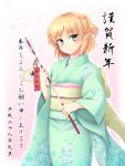  1girl arrok arrow blonde_hair charm floral_print gomi_(gomitin) green_eyes happy_new_year japanese_clothes kimono long_sleeves looking_at_viewer mizuhashi_parsee new_year obi pointy_ears sash smile solo touhou translated wide_sleeves 
