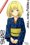  1girl 2016 bangs blonde_hair blue_eyes hairband happy_new_year heavy_object highres japanese_clothes kimono looking_at_viewer milinda_brantini new_year short_hair small_breasts smile solo 
