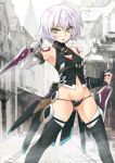  1girl armpits assassin_of_black bandages black_legwear black_panties breasts cleavage cleavage_cutout dual_wielding fate/grand_order fate_(series) holding_knife looking_at_viewer navel open_mouth outdoors panties scar short_hair silver_hair small_breasts solo thigh-highs underwear waifu2x yellow_eyes 