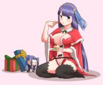  artist_request assassin_(fate/stay_night) bangs black_legwear blue_hair blush breasts cake capelet center_opening character_doll christmas cleavage fate/grand_order fate_(series) food food_on_face fork full_body fur_trim gift green_ribbon groin holding_plate large_breasts long_hair looking_at_viewer navel pink_background ribbon saint_martha seiza simple_background sitting stomach thigh-highs tiara very_long_hair yellow_ribbon 