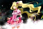  1girl blonde_hair choker cure_peach dress earrings eyelashes fresh_precure! frilled_dress frills hair_ornament heart heart_hair_ornament jewelry long_hair looking_to_the_side magical_girl momozono_love osusitan pink_dress pink_hair precure puffy_sleeves serious solo standing twintails wrist_cuffs 
