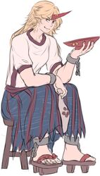 1girl blonde_hair blue_skirt bottle chain cuffs geta horn hoshiguma_yuugi long_hair long_skirt looking_at_viewer mefomefo red_eyes sakazuki sake_bottle shackles shirt short_sleeves sitting skirt smirk star stool t-shirt touhou