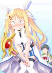  1boy 1girl :3 bare_shoulders blonde_hair blue_eyes blush breasts cosplay covered_nipples danna_ga_nani_wo_itte_iru_ka_wakaranai_ken female hair_ornament hair_ribbon hairclip leaning_forward long_hair lyrical_nanoha mahou_shoujo_lyrical_nanoha male plane_(planetw2002) raising_heart ribbon sidelocks staff takamachi_nanoha takamachi_nanoha_(cosplay) tamura_yukari thigh-highs tsunashi_hajime tsunashi_kaoru twintails 