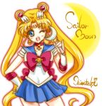  1girl ;d bishoujo_senshi_sailor_moon blonde_hair blue_eyes blue_skirt bow brooch character_name choker cowboy_shot crescent double_bun earrings elbow_gloves facial_mark forehead_mark gloves hair_ornament hairpin hand_on_hip jewelry long_hair looking_at_viewer lowres magical_girl moon_stick one_eye_closed open_mouth outline red_bow sailor_collar sailor_moon shirataki_kaiseki signature skirt smile solo tsukino_usagi twintails wand white_background white_gloves 