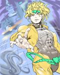  1boy abs belt blonde_hair choker city dio_brando earrings fingers fog foreshortening heart jacket jewelry jojo_no_kimyou_na_bouken long_hair looking_to_the_side muscle night open_clothes open_jacket outstretched_hand pants red_eyes solo spiky_hair sukueni wavy_hair yellow_pants 