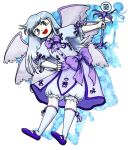  1girl :d artist_request blue_dress blue_eyes blue_hair blue_shoes blush_stickers bow bowtie dress elbow_gloves full_body gloves hand_on_hip highres holding_wand long_hair looking_at_viewer low_wings mary_janes multiple_wings oota_jun&#039;ya_(style) open_mouth parody puffy_pants puffy_short_sleeves puffy_sleeves purple_bow purple_bowtie purple_ribbon ribbon sariel shoes short_sleeves silhouette simple_background smile solo style_parody touhou touhou_(pc-98) wand white_background white_gloves wings 