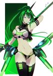  1girl armor artist_name bangs bare_shoulders blue_eyes breasts crop_top green_hair green_heart headgear horn long_hair navel neptune_(series) next_green power_symbol shin_jigen_game_neptune_vii solo symbol-shaped_pupils vert very_long_hair yurax-mae 