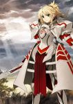  1girl armor armored_dress blonde_hair fate/grand_order fate_(series) green_eyes holding_sword holding_weapon long_hair saber_of_red smile solo spaulders sword waifu2x weapon 