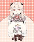  1girl al_bhed_eyes body_horror breasts english facing_viewer fangs food hamburger holding_food horns kantai_collection large_breasts lettuce long_hair midway_hime orange_eyes plaid plaid_background robe saliva shinkaisei-kan solo sukueni teeth throat_mouth tongue tongue_out unmoving_pattern upper_body white_hair white_robe wrapper 