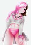  1girl artist_request ass_visible_through_thighs blush breasts brown_eyes brown_hair cleavage heterochromia long_hair midriff multicolored_hair navel neo_(rwby) panties pink_eyes pink_hair rwby simple_background smile solo striped striped_panties underwear 