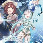  2girls atelier_(series) atelier_sophie closed_eyes highres holding long_sleeves looking_at_viewer multiple_girls official_art open_mouth plachta red_eyes round_teeth short_hair silver_hair sophie_neuenmuller takekono teeth 