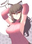  1girl absurdres animal_ears armpits bare_shoulders black_hair blake_belladonna breasts cat_ears detached_sleeves highres long_hair nas_(z666ful) ribbed_sweater rwby sleeveless speech_bubble sweater sweater_vest turtleneck yellow_eyes 