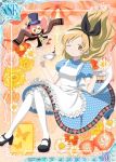  1girl alice_(wonderland)_(cosplay) alternate_costume alternate_hairstyle apron blonde_hair bloomers blue_dress bow charlotte_(madoka_magica) cup dress flower hair_bow hair_down hair_ornament hat mad_hatter_(cosplay) mahou_shoujo_madoka_magica mary_janes official_art one_eye_closed pantyhose puffy_sleeves saucer shoes smile tea teacup tomoe_mami top_hat trading_card underwear white_legwear yellow_eyes 