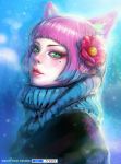  1girl 2016 animal_ears annie_hastur artist_name camellia_(flower) dated eyelashes eyeliner eyeshadow flower fox_ears fox_girl green_eyes hair_flower hair_ornament league_of_legends makeup mole mole_under_eye nose outdoors parted_lips pine_tree pink pink_hair portrait realistic scarf snow snowing solo tree winter yagi_hikaru 