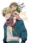  1boy 1girl blonde_hair blue_eyes brown_hair bubble caesar_anthonio_zeppeli carrying character_request child dress facial_mark headband jacket jojo_no_kimyou_na_bouken morphin_e open_mouth pink_dress scarf shoulder_carry smile winged_hair_ornament 