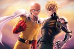  2boys artist_name bald black_eyes black_sclera blonde_hair cape clenched_hand cyborg earrings genos gloves jewelry lens_flare lintufriikki male_focus mechanical_arm multiple_boys onepunch_man red_gloves saitama_(onepunch_man) shiny shiny_skin signature smile white_cape yellow_eyes zipper 