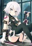 1girl assassin_of_black bandages black_legwear blush breasts cleavage cleavage_cutout fate/apocrypha fate_(series) flower holding_knife indoors knife looking_at_viewer rain scar short_hair silver_hair solo thigh-highs window 