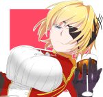  1girl blonde_hair blue_eyes breasts cup drinking_glass eyepatch hair_intakes highres large_breasts mechanical_hand prince_of_wales_(zhan_jian_shao_nyu) short_hair simple_background solo uniform wine_glass zhan_jian_shao_nyu 