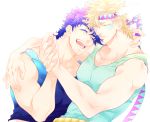  2boys arm_around_neck blonde_hair caesar_anthonio_zeppeli closed_eyes facial_mark headband holding_hand jojo_no_kimyou_na_bouken joseph_joestar_(young) male_focus multiple_boys muscle open_mouth purple_hair s_gentian smile tank_top winged_hair_ornament 