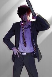  1boy bangs belt black_hair blood blood_on_face bloody_clothes briefcase changye collared_shirt cowboy_shot dress_shirt hand_on_hip holding_bag jacket long_sleeves looking_at_viewer loose_necktie male_focus necktie onepunch_man pants saitama_(onepunch_man) shirt solo striped striped_necktie underwear white_shirt 