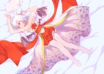  1girl alternate_costume arms_up bat_wings bed bed_sheet floral_print from_above hat hat_removed headwear_removed lavender_hair looking_to_the_side lying mizuki_matsuri mob_cap off_shoulder on_back parted_lips red_eyes remilia_scarlet small_breasts thigh-highs touhou white_legwear wings 