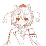  1girl animal_ears artist_name bare_shoulders blush detached_sleeves finger_to_mouth hat inubashiri_momiji looking_at_viewer mmoe_chan parted_lips pom_pom_(clothes) red_eyes ribbon-trimmed_sleeves ribbon_trim short_hair silver_hair simple_background solo tokin_hat touhou white_background wolf_ears 