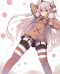  1girl absurdres amatsukaze_(kantai_collection) arm_up black_hat black_skirt blush brown_coat brown_eyes buttons coat dyson_(edaokunnsaikouya) from_below fur_trim garter_straps hair_between_eyes hair_tubes hairband hat highres hooded_jacket kantai_collection leg_garter long_hair long_sleeves looking_at_viewer mini_hat miniskirt red_legwear silver_hair simple_background skirt solo standing striped striped_legwear thigh-highs twintails very_long_hair white_background winter_clothes winter_coat zettai_ryouiki 