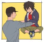  2boys baseball_cap big_hero_6 black_hair brothers brown_eyes crossed_arms hat hiro_hamada hoodie indian_style kua_(qa) looking_at_another male_focus multiple_boys outside_border shoes short_hair siblings sitting smile sneakers spiky_hair square tadashi_hamada twitter_username yellow_background 