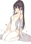  1girl bangs bare_shoulders blush breasts brown_hair cleavage collarbone covered_navel dress expressionless halterneck hand_on_thigh long_hair looking_at_viewer lp_(hamasa00) off_shoulder original seiza sidelocks simple_background sitting solo thigh-highs thighs very_long_hair violet_eyes white_background white_dress white_legwear zettai_ryouiki 